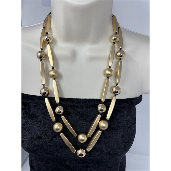 CHICO'S NECKLACE GOLD Double-STRAND  STATEMENT METAL Shiny And Matte Heavy - Picture 1 of 6